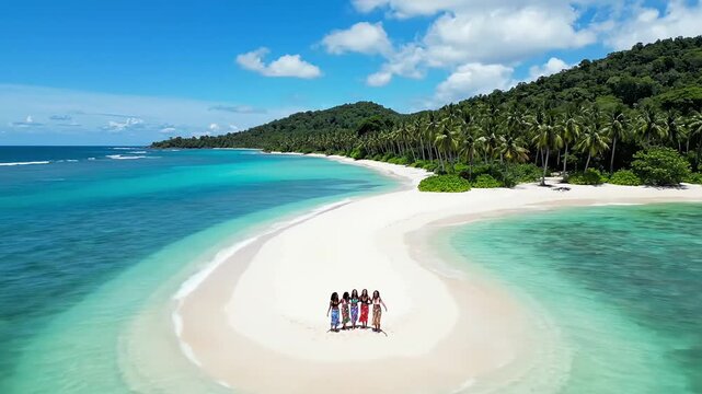 Group of friends enjoying a tropical paradise beach vacation with crystal clear turquoise water.