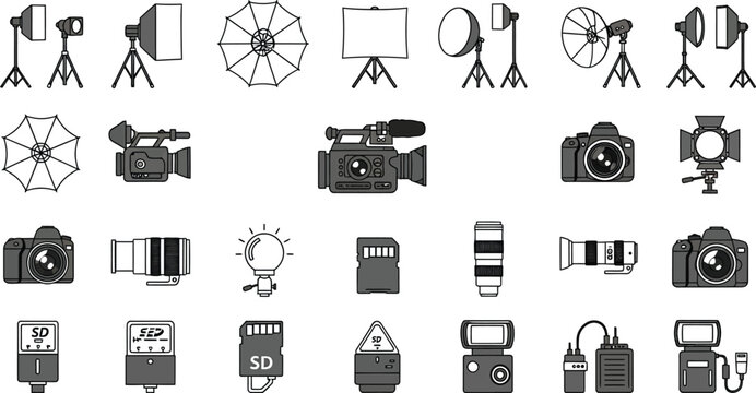 Set of photography and videography equipment icons featuring cameras lenses lighting gear and memory cards in a flat vector style