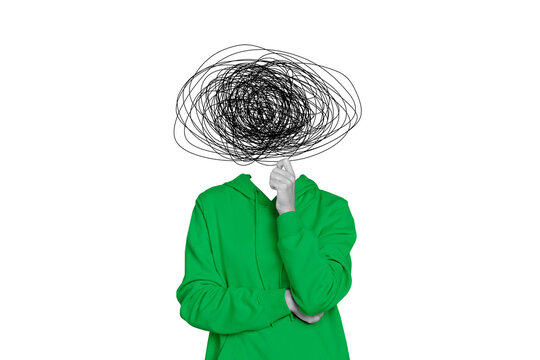 Composite trend artwork 3D collage of young man caricature headless mess line pressure overload stress depression emotion fist gesture