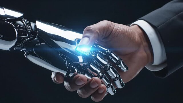 A human hand shakes a robotic hand with a glowing blue connection in a dark room.