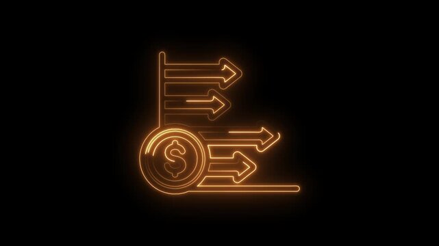 Glowing orange neon dollar coin with multiple arrows pointing right symbolizing financial icon
