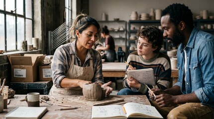 Fototapeta premium Skilled female pottery instructor teaches two attentive students how to craft clay vessels while sitting at a rustic wooden workbench inside a bright sunlit studio filled with various ceramic tools.
