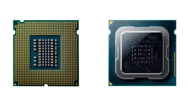 Isolated detailed view of two distinct computer processors, modern LGA and classic PGA CPU