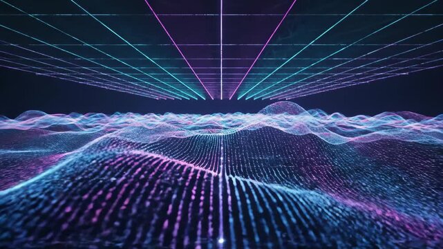 Futuristic Digital Wave Grid With Neon Lasers.