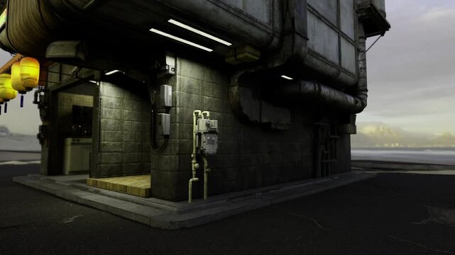 Moody industrial corner building at dusk, glowing lanterns and utility meter create cinematic atmosphere weathered concrete walls, exposed pipes and wet asphalt