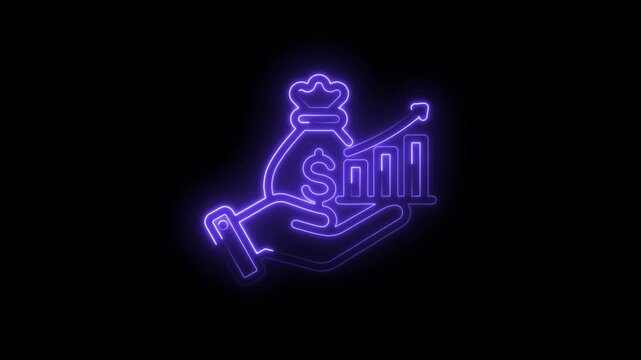 Neon purple hand holding money bag and rising bar graph symbolizing financial growth icon