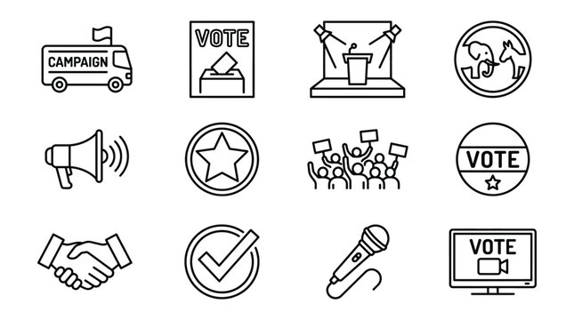Set of political election icons, including campaign bus, ballot box, podium, elephant and donkey, megaphone, star, protest, vote button, handshake, checkmark, microphone, and television broadcast