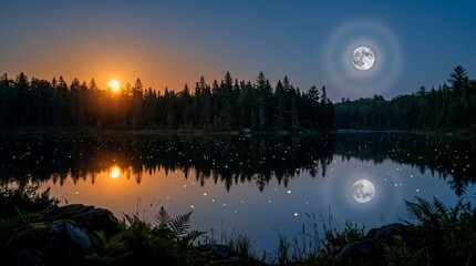 Naklejka premium Lake Sun Moon Balance reflecting twilight skies and surrounding silhouette forests.
