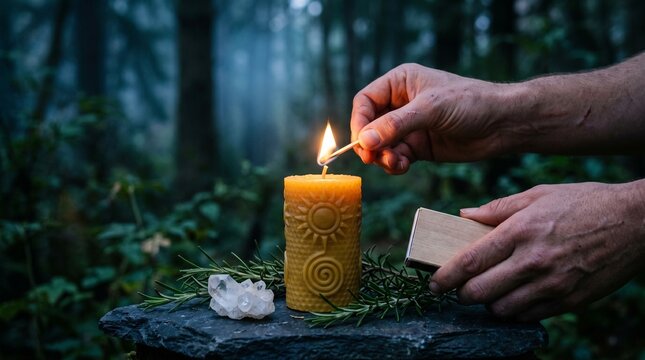 Forest Solstice Altar Table with hands lighting a carved beeswax taper. Great for pagan ritual guides, wiccan festival posters, and esoteric articles.