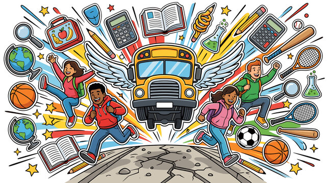 Back to School Excitement Students and School Bus Illustration
