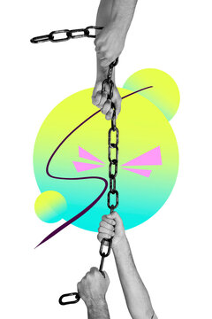 Composite trend artwork sketch image photo collage of&nbsp;huge hand sleeve wrist gesture hold metal chain competition pull different direction