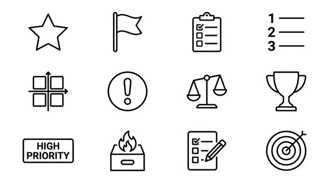 Set of priority and task management line icons collection of vector symbols for project planning, goal setting, importance, urgency, and organization