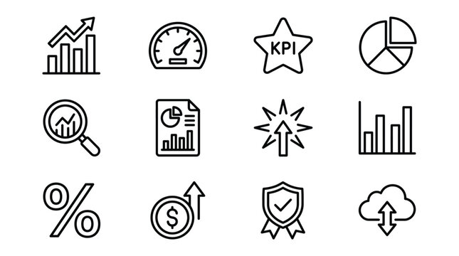 Set of business and finance line icons, including growth charts, kpi, data analysis, report, percentage, currency, security, and cloud computing symbols, isolated on white background