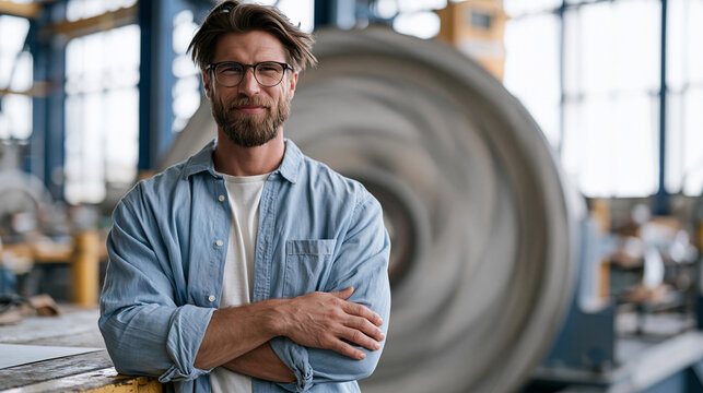 Mechanical engineer observing a large flywheel spinning on a workshop bench inside an industrial facility, hand resting lightly on the housing to sense momentum, representing