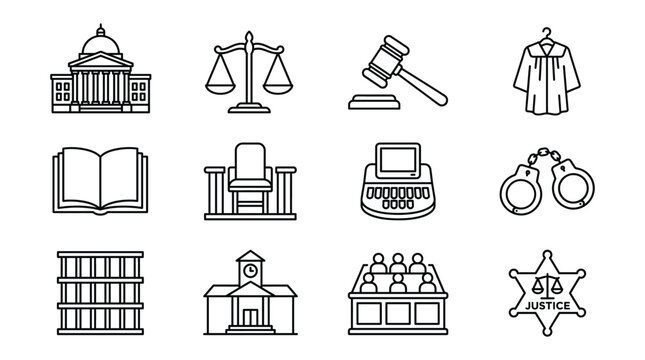 Set of law and justice icons, including courthouse, scales of justice, judge gavel, judicial robe, law book, witness stand, stenotype machine, handcuffs, law library, jury box, and sheriff badge
