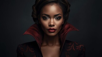 Fototapeta premium A striking portrait of a confident woman with deep red lipstick and a high-collared, dark patterned jacket against a black background.