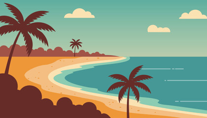 Obraz premium Flat tropical beach landscape with palm silhouettes, curved sandy shore, turquoise ocean, soft clouds, and warm sunset tones for travel posters, vacation banners, tourism ads, and coastal backgrounds.
