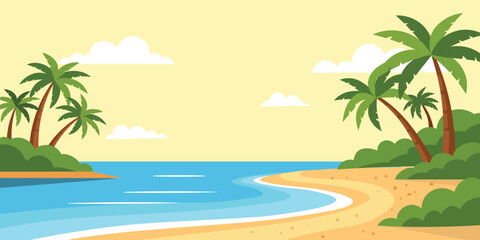 Obraz premium Flat tropical beach landscape with palm trees, curved sandy shore, calm blue sea, clouds, and sunny colors, ideal for summer travel posters, tourism banners, vacation ads, and coastal backgrounds.