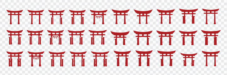 Seamless pattern of red traditional shrine gate icons arranged in rows on a transparent background, flat vector style for cultural themes, travel graphics, religious symbols, and decorative designs. © VectorBloomX