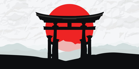 Traditional shrine gate silhouette with red sun, distant mountains, and textured paper sky, flat vector background for cultural posters, travel themes, banners, and decorative wall art. © Infinity Focus
