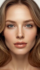 Fototapeta premium Close-up portrait of a young woman with flawless skin, blue eyes, and natural makeup, showcasing her soft facial features and light brown hair.