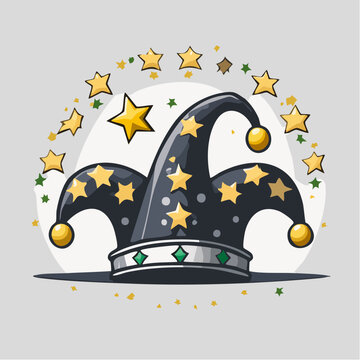 Jester hat with stars and confetti