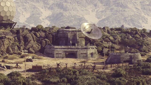 Satellite dish overlooking concrete broadcast bunker, cracked pavement and rusted supports, wild scrub encroaching on service road, cinematic warm tones