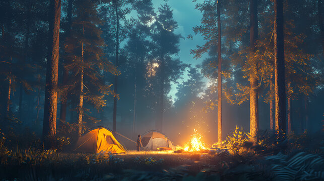 Magical family camping night scene with parents and children gathered around a warm glowing campfire in the forest, roasting marshmallows, telling stories, and sharing the beauty of the outdoors.