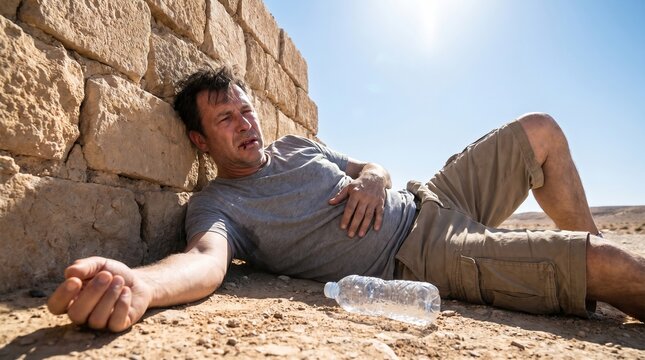 Exhausted man in a grey t-shirt resting against a stone wall while suffering from dehydration in the hot sun