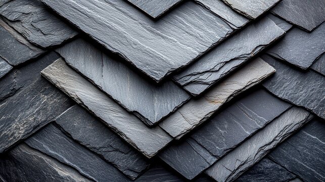 Layered slate stone texture background with overlapping natural tiles arranged in dimensional geometric pattern showing weathered surface detail and shadows