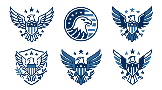 Collection of blue heraldic eagle logos with stars and shields