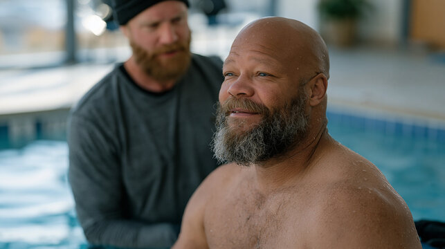 Combat veteran doing aquatic therapy in rehabilitation pool with specialist instructor, traumatic brain injury water recovery program, adaptive sports medicine, veteran