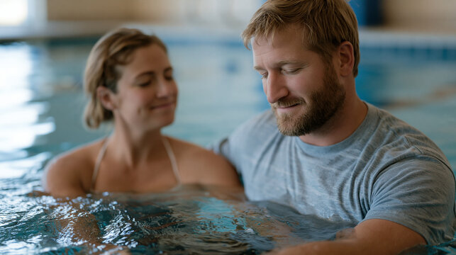 Combat veteran doing aquatic therapy in rehabilitation pool with specialist instructor, traumatic brain injury water recovery program, adaptive sports medicine, veteran