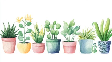 Fototapeta premium Cute houseplants in pastel tones watercolor for home decor and urban jungle concept.