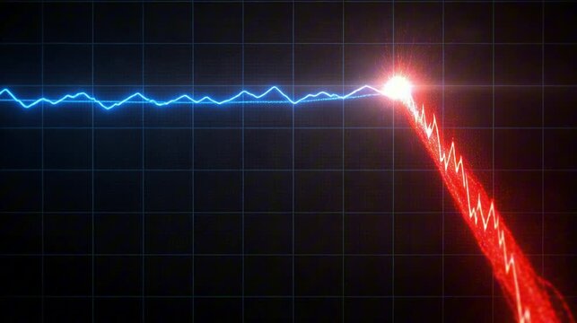 single glowing blue line graph snapping violently into jagged red line diving off frame bottom perfect for economic crisis