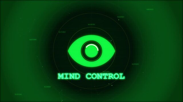 Green glowing eye symbol with text mind control on dark digital background