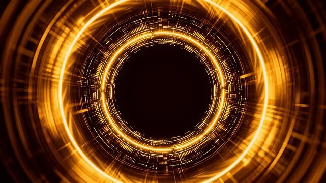 Futuristic circular tunnel with golden rings and circuit patterns around central black hole