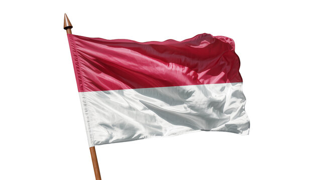 Isolated flag of Indonesia or Monaco waving on a wooden flagpole with a finial on display