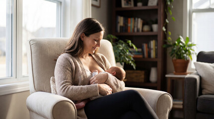Obraz premium Mother breastfeeding newborn in comfortable armchair by bright window at home showing gentle bonding postpartum care infant nutrition quiet family life parenting newborn health lactation