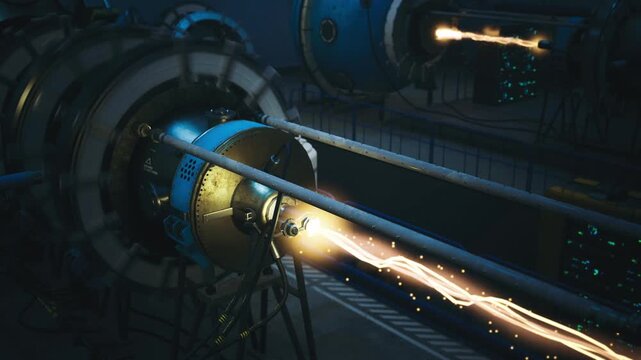Bright confined plasma ribbon between superconducting coils, thick power lines and clamp assemblies, dark control room beyond with glowing displays, diagnostics
