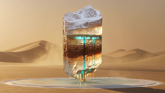 Transparent Living Earth Waterfall Showing Vertical Terrain Slice With Rivers Aquifers Erosion and Sediment Flow in Desert Atmosphere