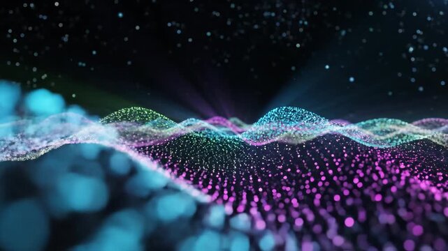 Abstract Neon Wave Of Colorful Digital Particles.