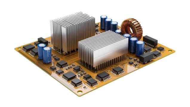 Isolated complex electronic circuit board featuring power components, heatsinks, capacitors, inductor