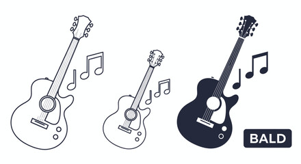 Fototapeta premium Collection of three guitar icons with musical notes in a monochrome vector design.