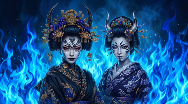 Two mystical women with horned crowns standing amidst blue flames
