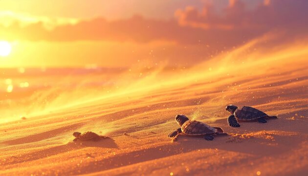 Baby Sea Turtles Hatchlings Crawling Towards Ocean at Sunset.