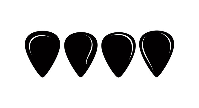 Set of four black guitar picks arranged in a minimalist symmetrical row.