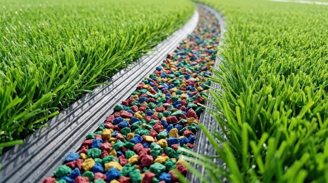 Close up view of green artificial grass field with colorful rubber infill particles for sports safety surface.