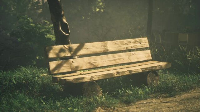 In a peaceful park, a rustic wooden bench sits quietly beneath the dappled light of trees. Lush greenery surrounds the bench, inviting visitors to pause and enjoy the calm atmosphere.
