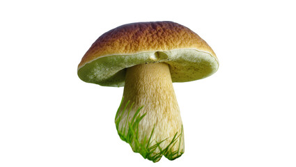 Isolated porcini mushroom, a delectable edible fungus with a thick stem and textured brown cap. © Vincent
